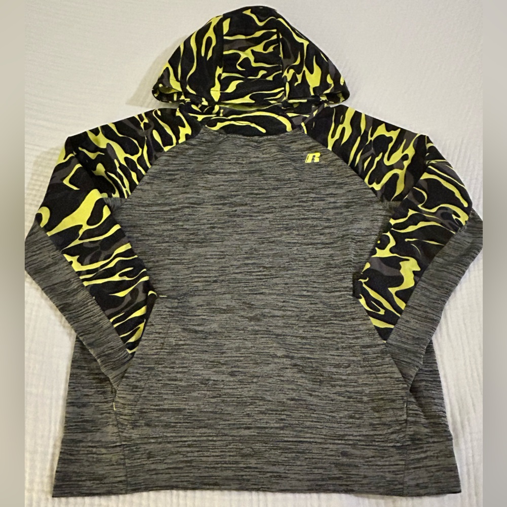 RUSSEL size XL (14-16) neon camo hoodie sweatshirt euc long sleeve hooded